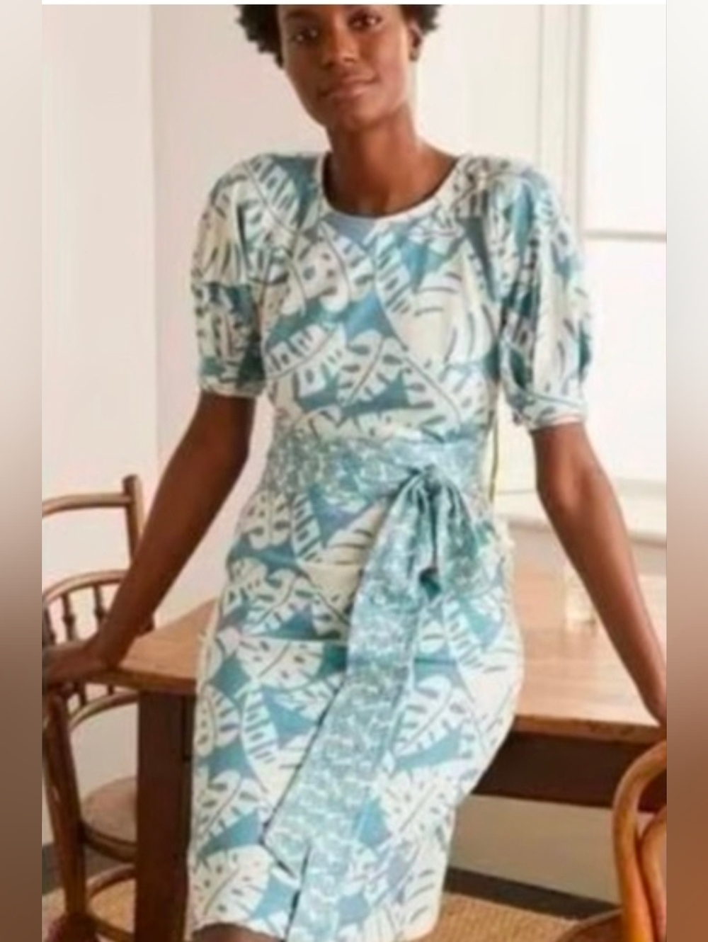 Boden Blue Banana Leaf Print Tie-Waist Dress - Size 16/18R
